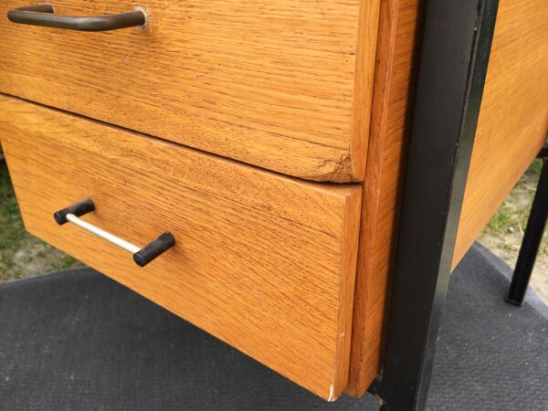 Bureau moderniste vintage en chêne et piétement tubulaire métallique