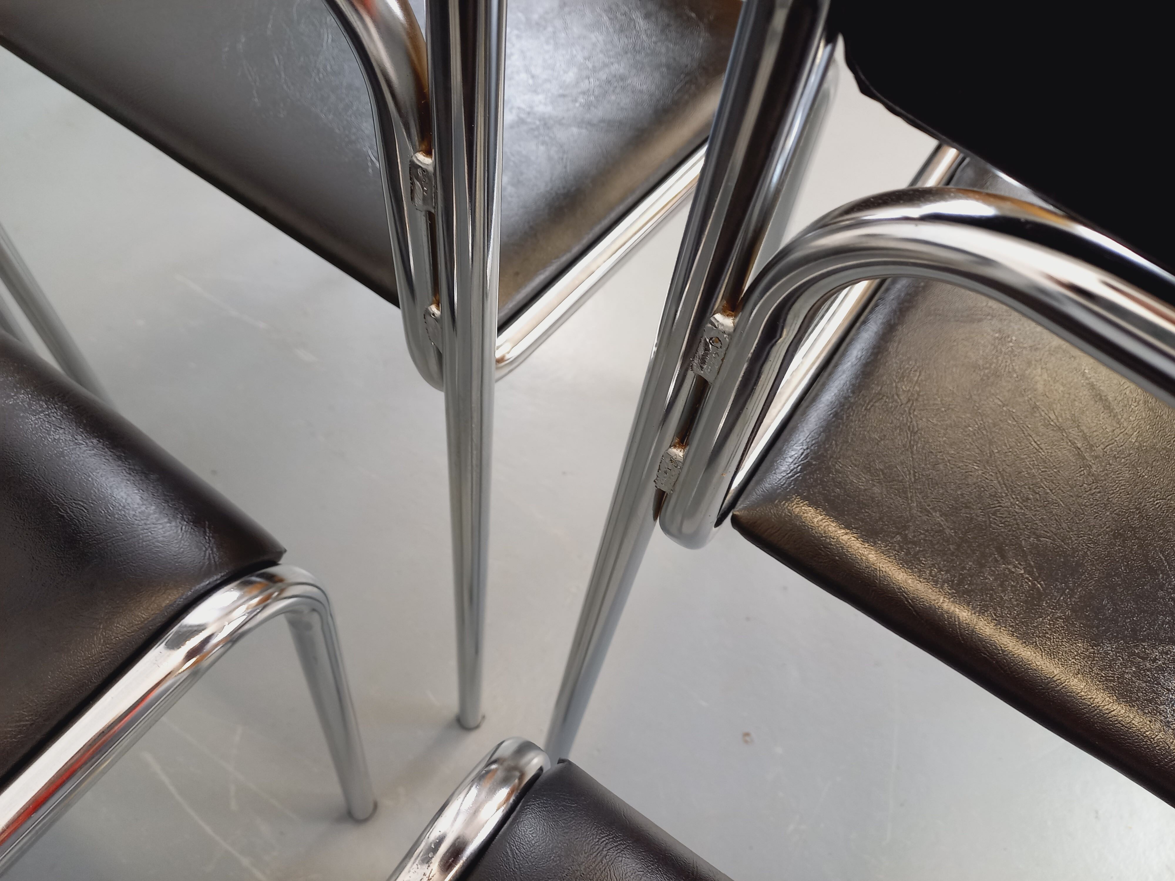 Set of 6 vintage Italian stackable chairs in chrome metal and skai.