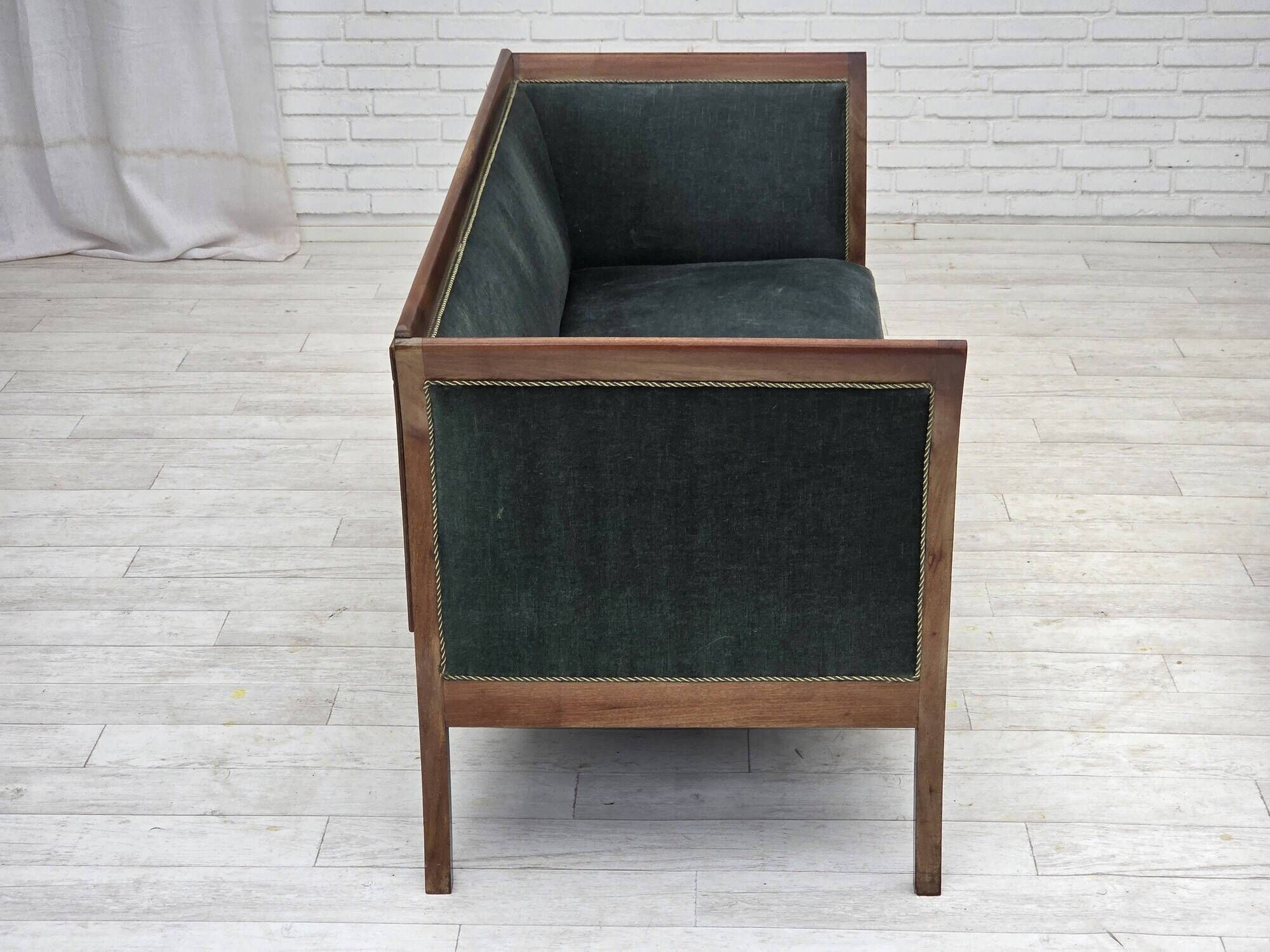 1950s, Danish 3-seater sofa, green/blue furniture velour, ash wood.