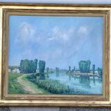 Painting by Édouard FEBVRE, Riverside Landscape