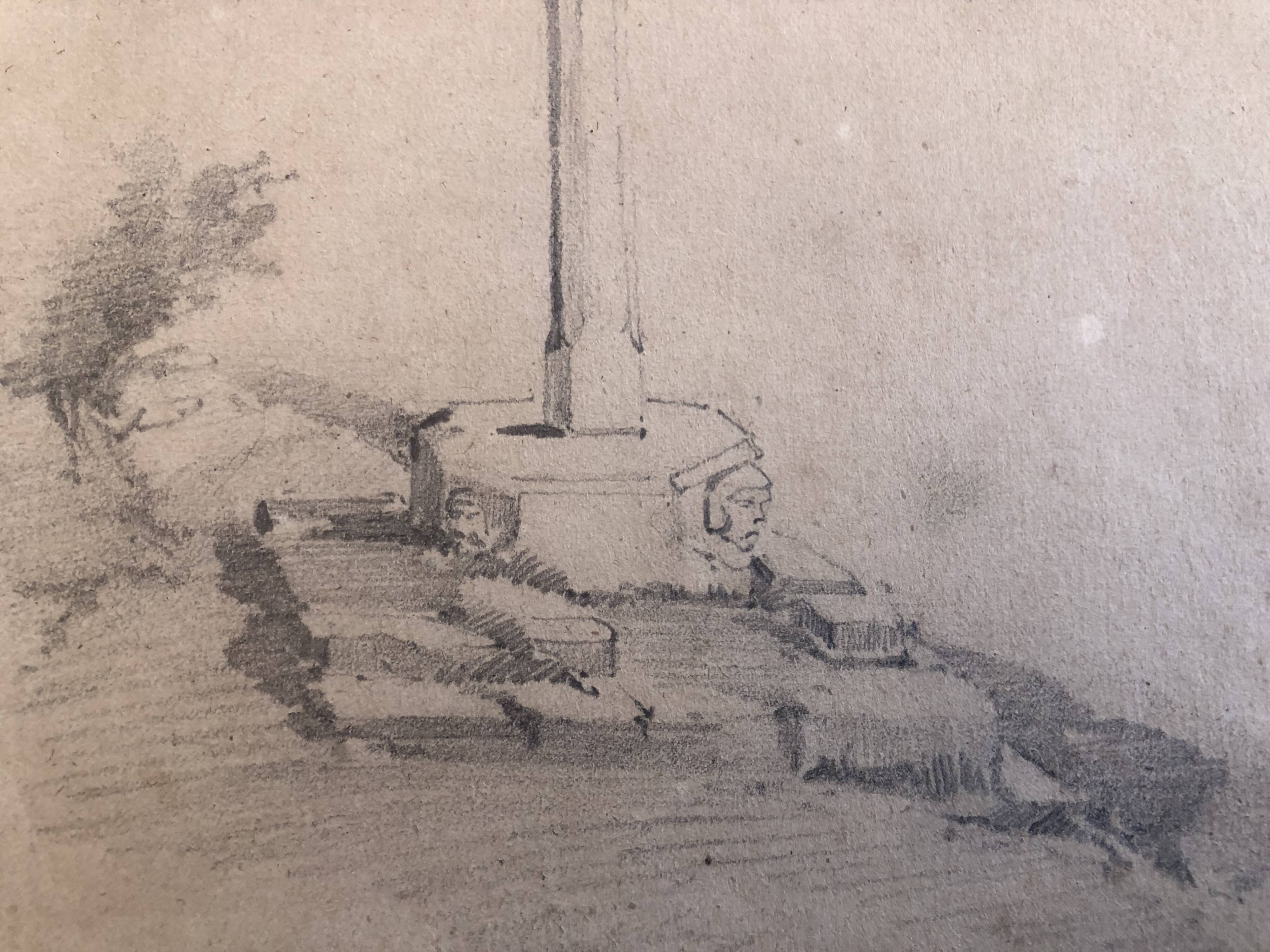 Drawing 1850 pencil croix de st fiacre in auray morbihan brittany 56, signed fm ferdinand moutier
