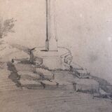 Dessin 1850 crayon croix de st fiacre à auray morbihan bretagne 56, signé f.m. ferdinand moutier