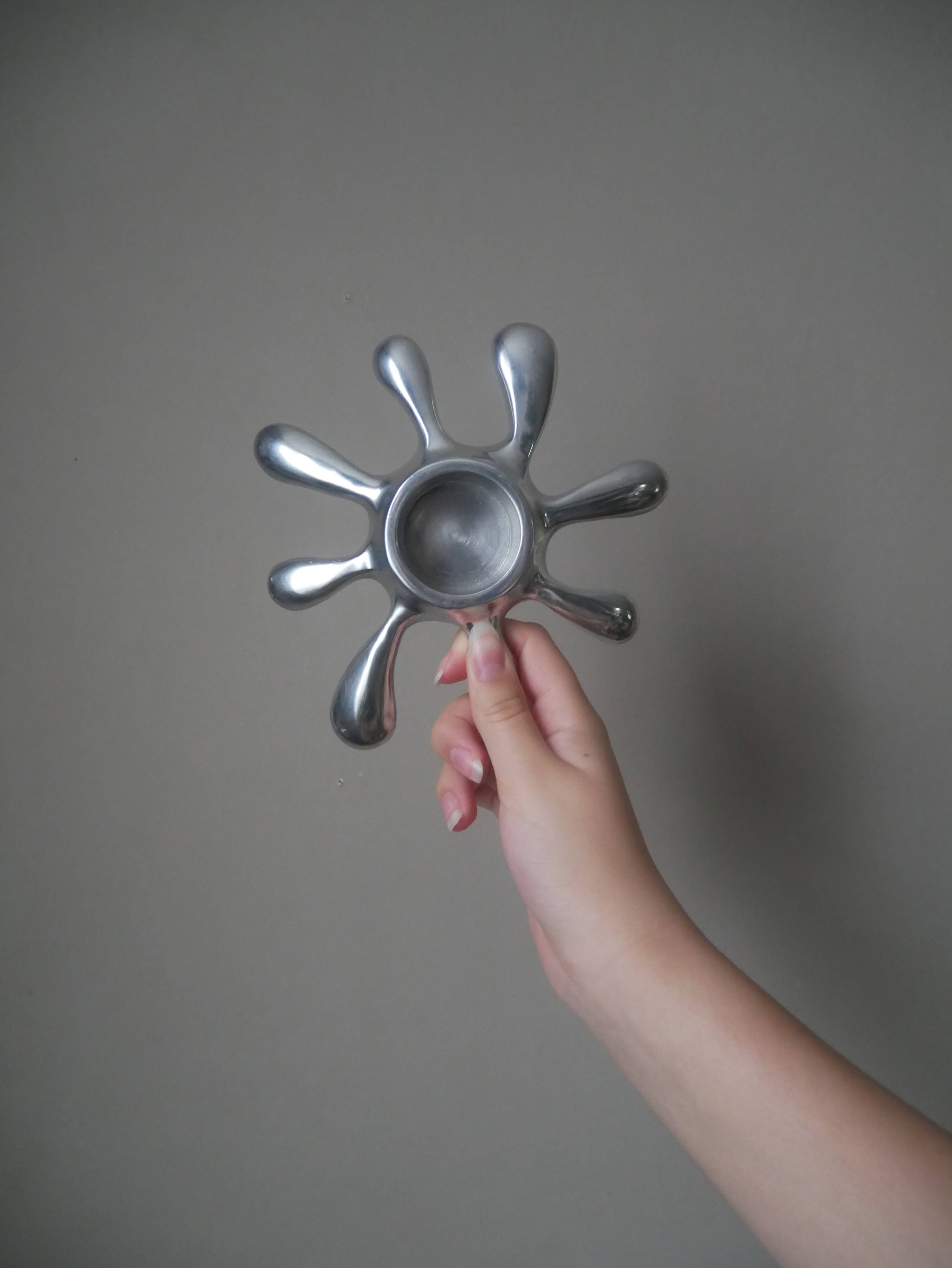 Pair of 80s 90s design aluminum candlesticks free form contemporary silver metal