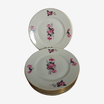 6 dessert plates in vintage DHB porcelain, art deco style flower decoration