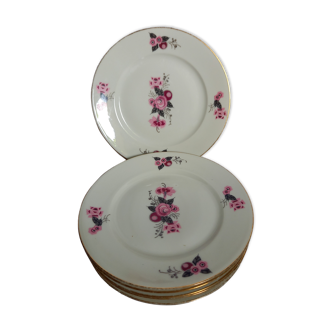 6 dessert plates in vintage DHB porcelain, art deco style flower decoration