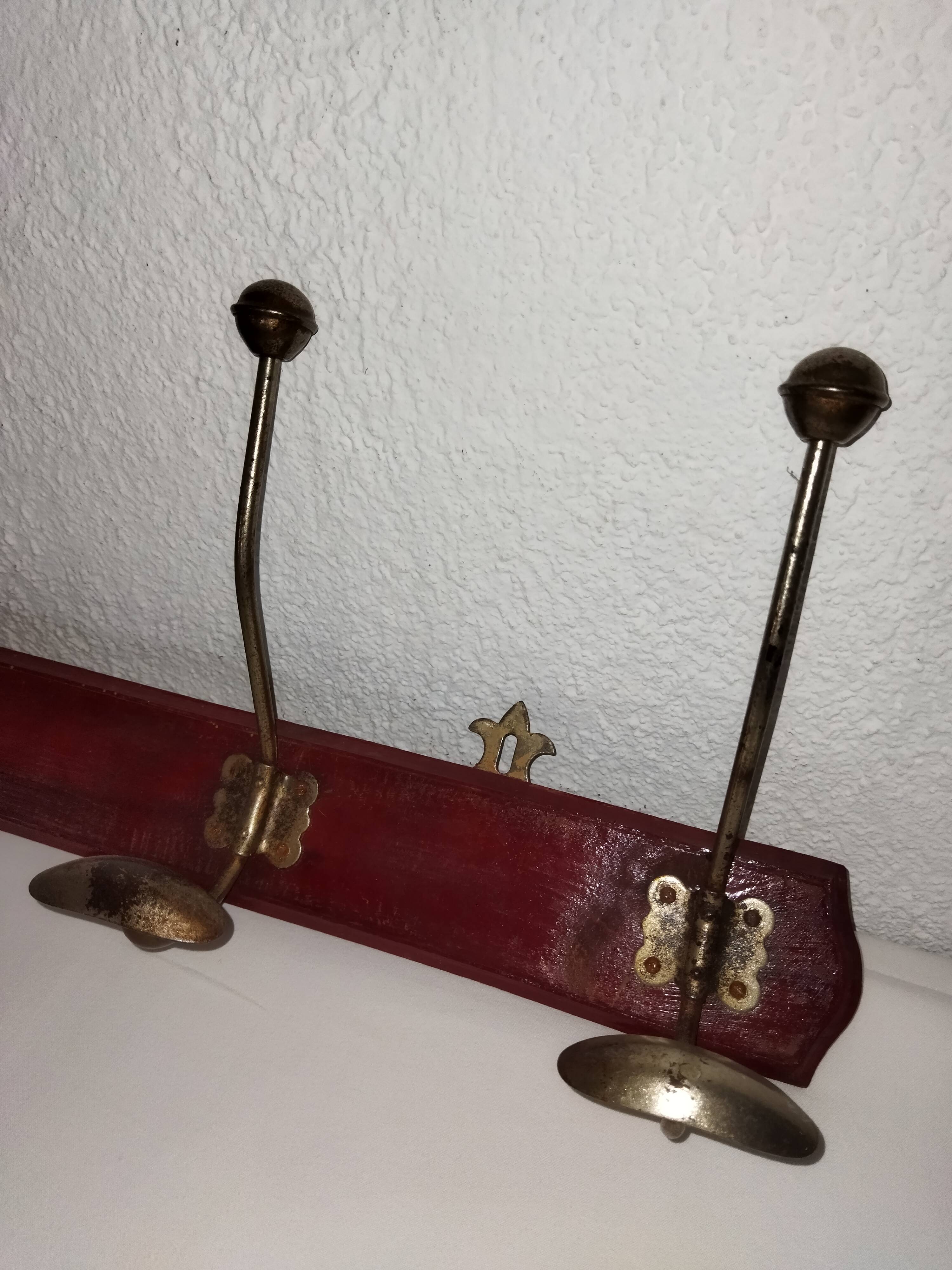 Old wall coat rack wood and iron 4 hooks