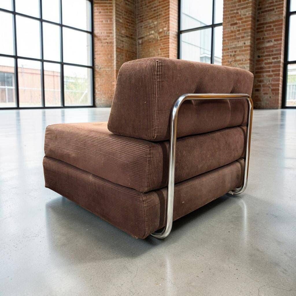 Fauteuil vintage marron côtelé / une place avec accent chromé