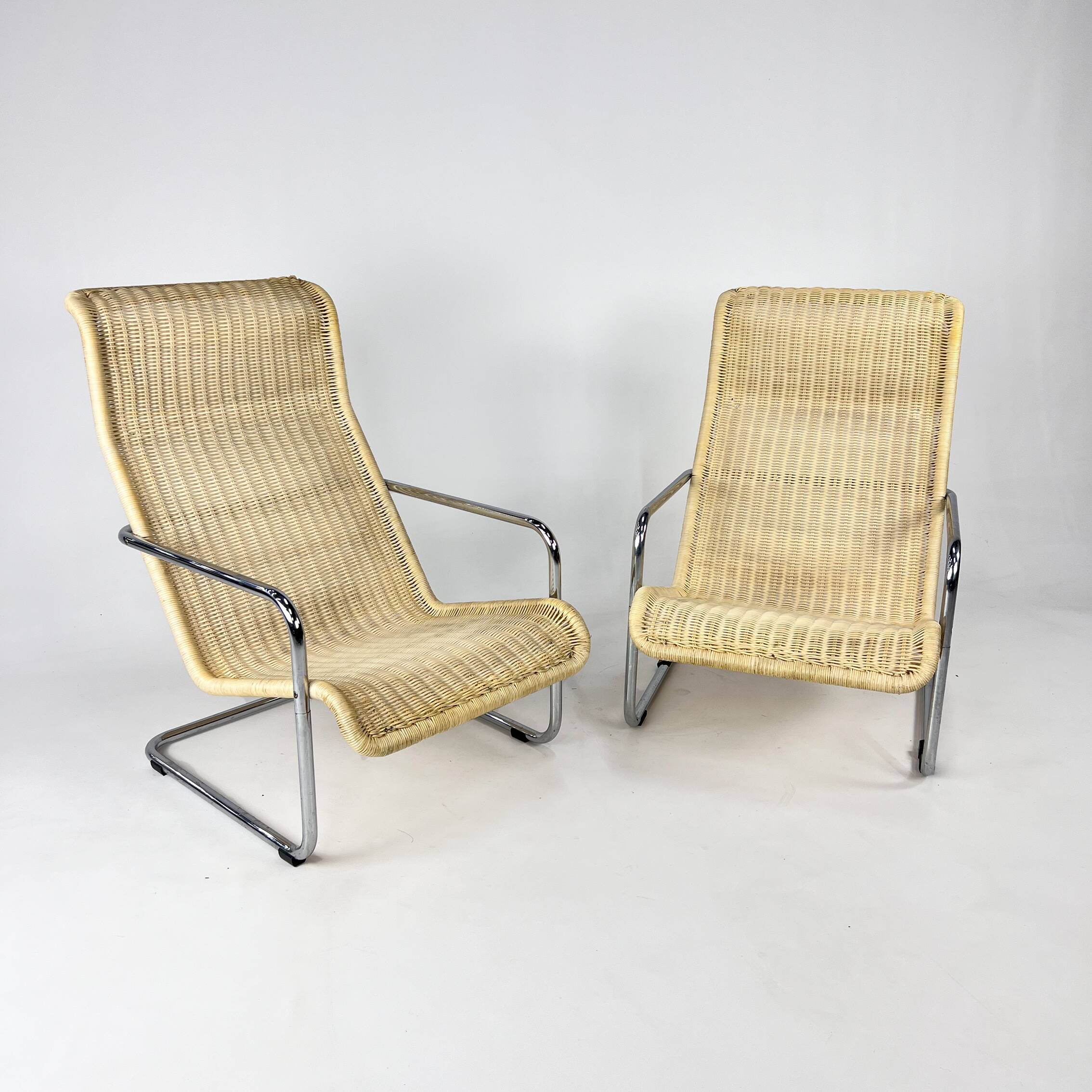 Set of 2 Cantilever Woven Lounge Chairs, 1980s