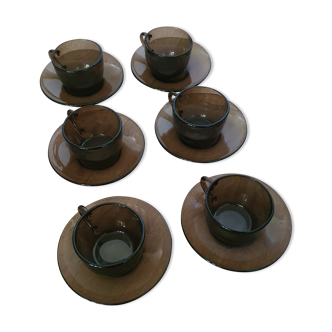 Set of 6 cups and 6 saucers in smoked glass vereco