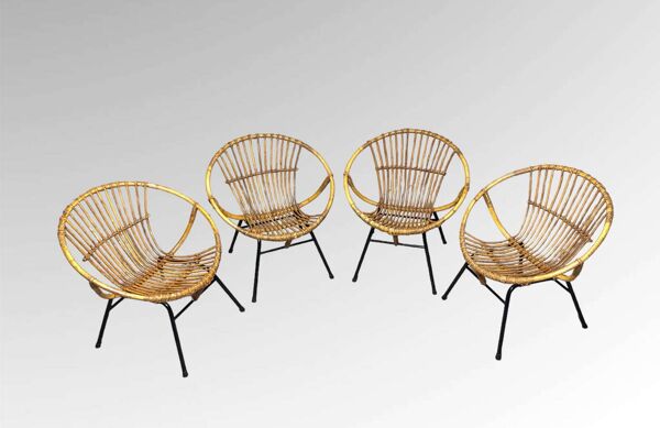 Set de 04 fauteuils corbeille adulte en rotin osier années 1950/60s vintage