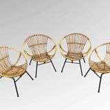 Set of 4 vintage 1950s/60s wicker rattan adult basket armchairs
