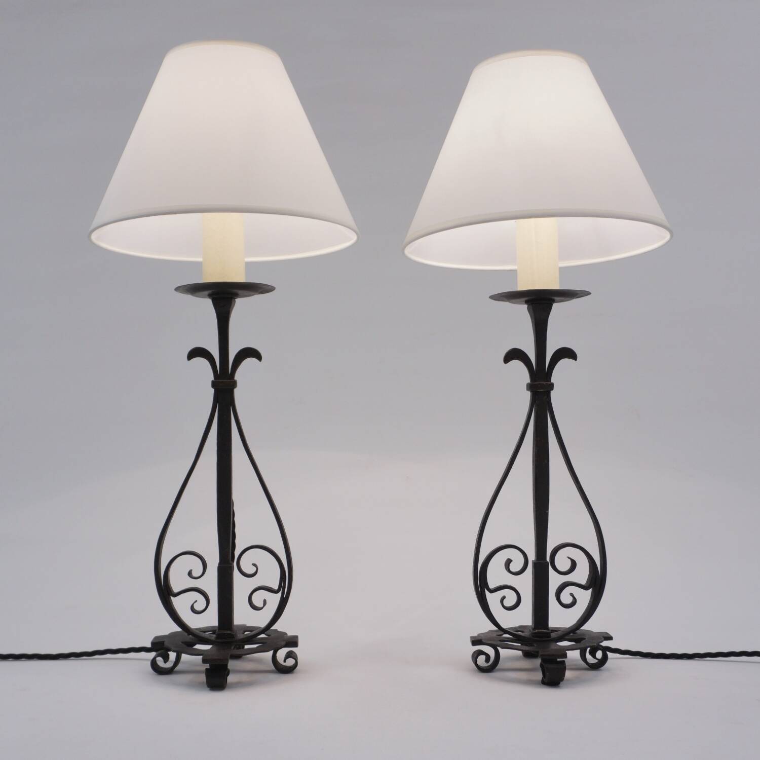 Arts & Crafts pair antique wrought iron table lamps 1920's English, rewired