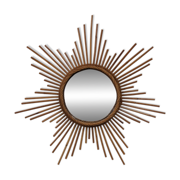 Miroir soleil étoilé XL en rotin, France vers 1970