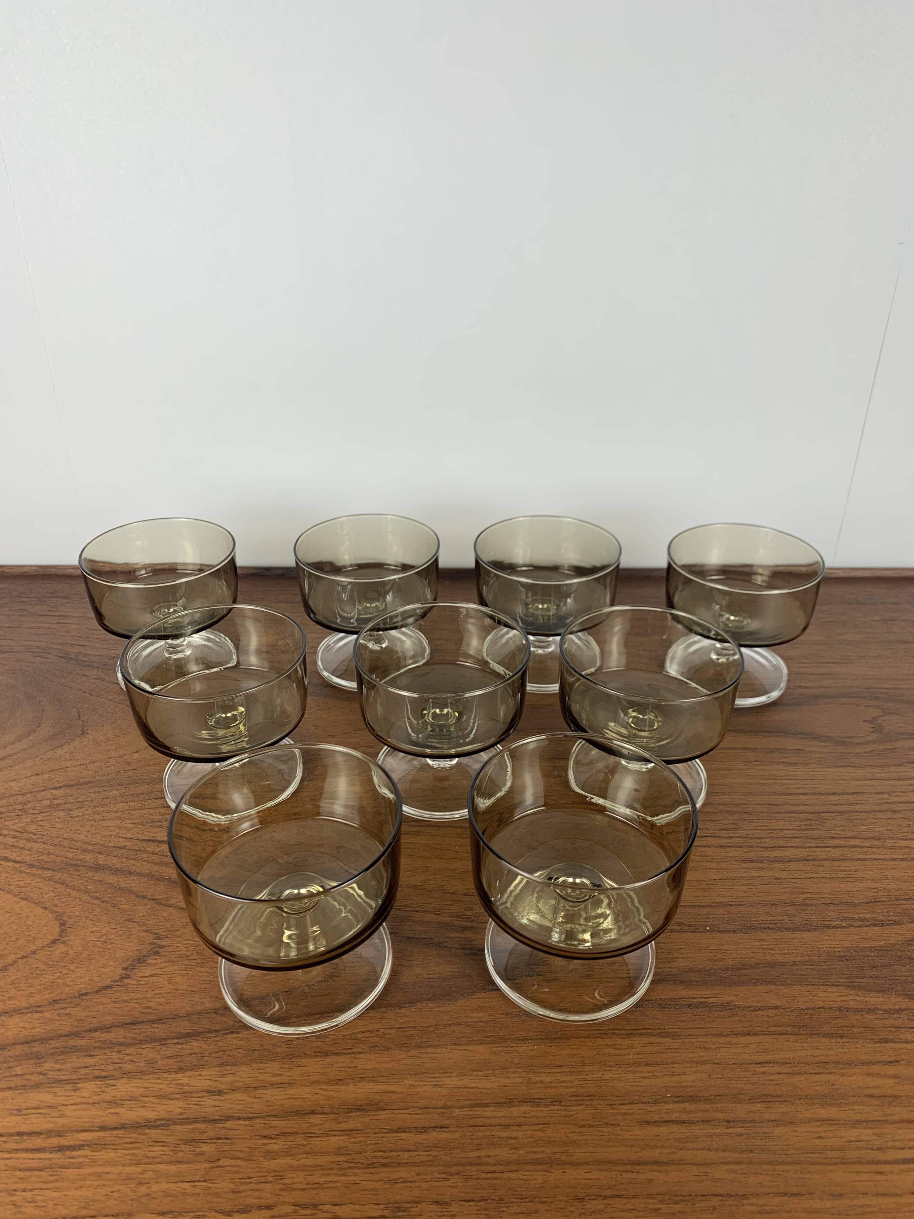 Set of 9 smoked glass champagne glasses, 1970