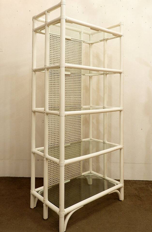 Pair of Lacquered canework shelves, Bamboo and Glass, 1980s - Italy