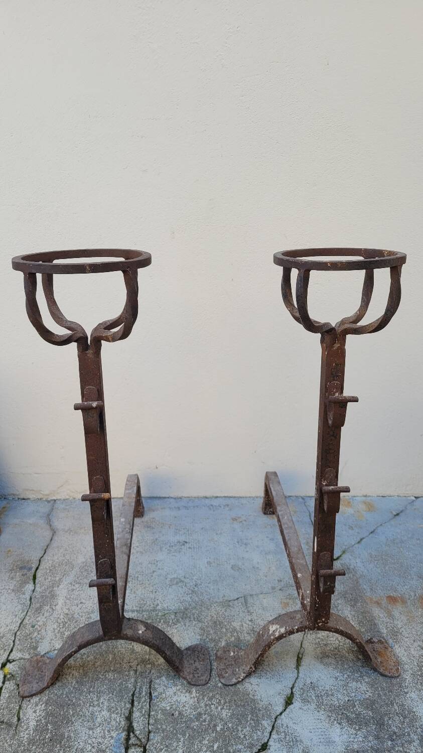Pair of old 19th century wrought iron fireplace andirons