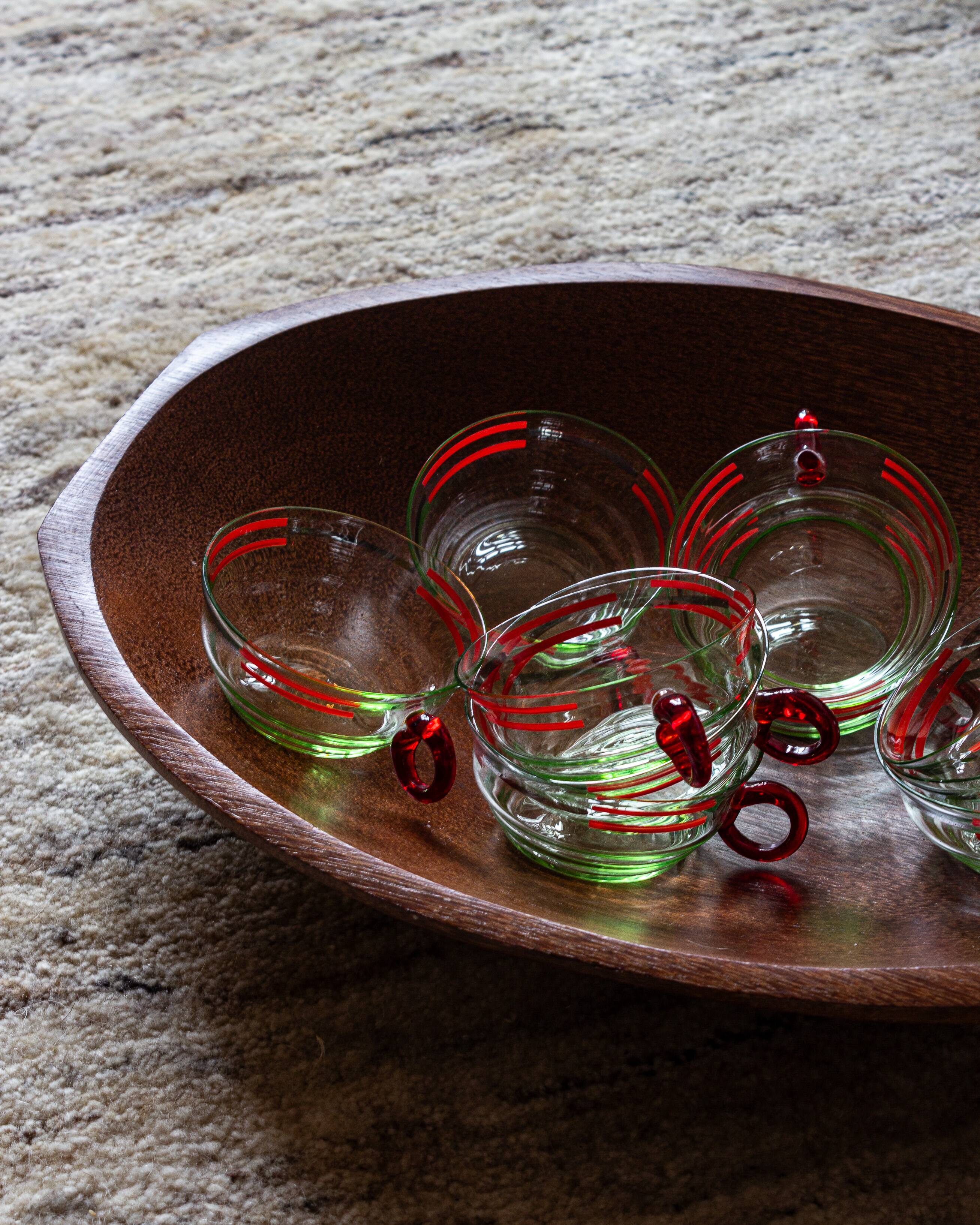 Set of six mouth-blown uranium glass cups, France, Mid-Century