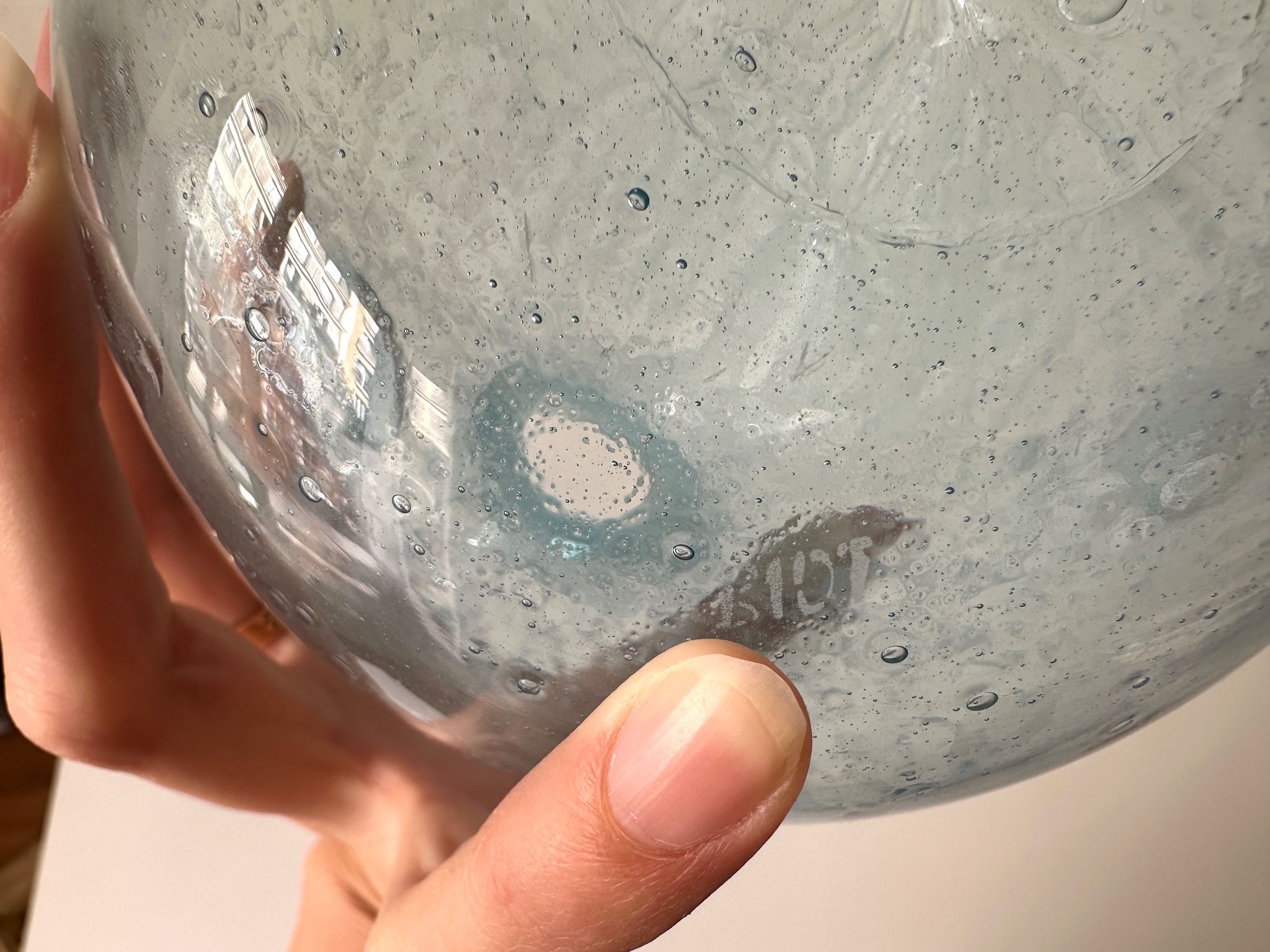 Vintage 1960s blue bubble glass BIOT carafe