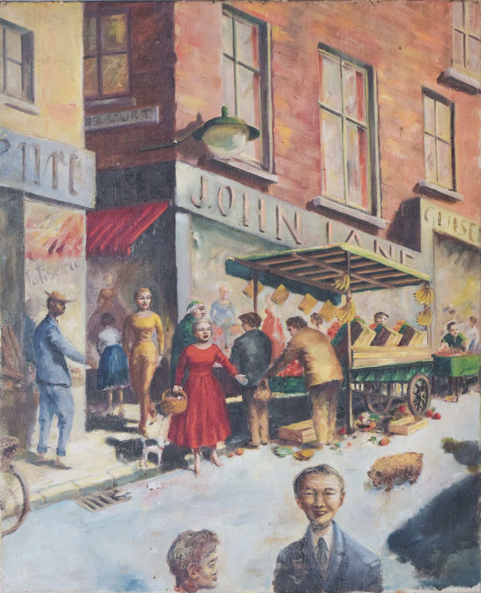 'market day' - scène de rue britannique - huile sur toile