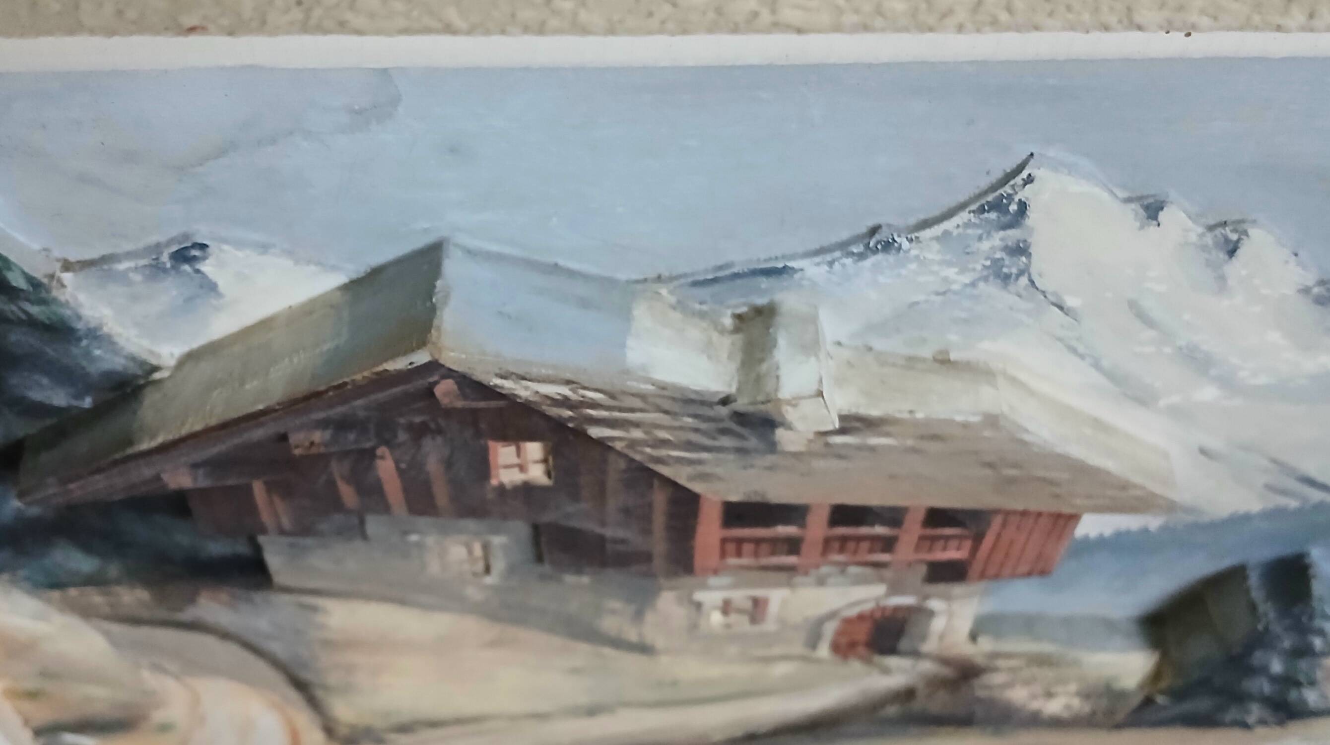 François Raugel, chalet in the mountains, painting on carved wood.