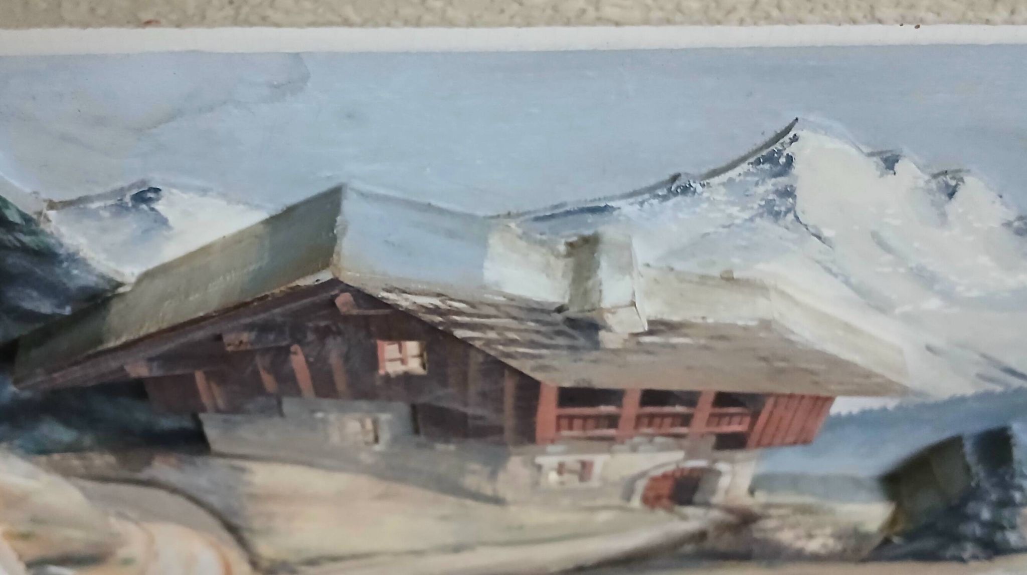 François Raugel, chalet in the mountains, painting on carved wood.
