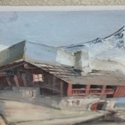François Raugel, chalet in the mountains, painting on carved wood.