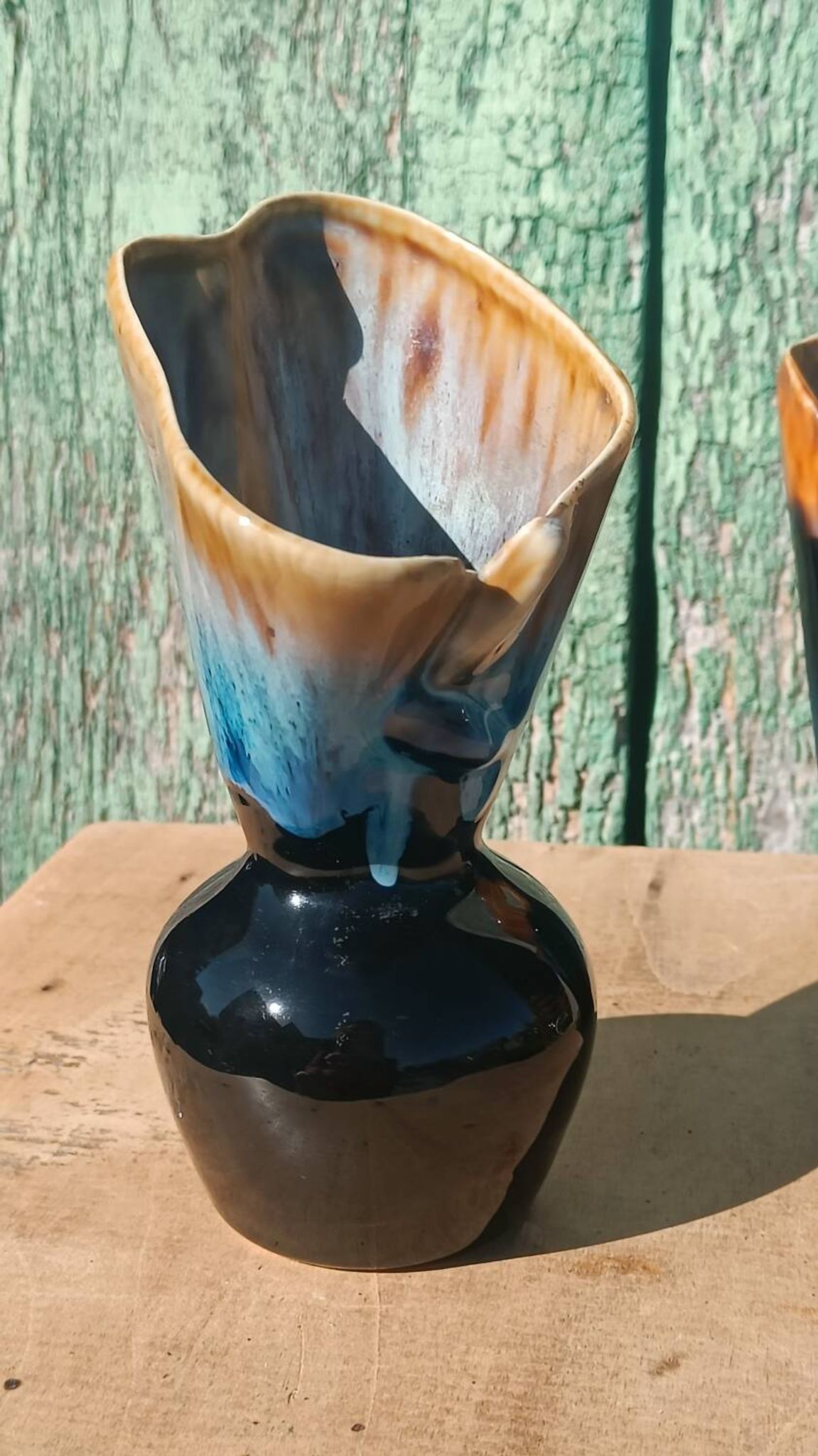 "Pair of vintage glazed ceramic vases – blue flamed glaze – ann"