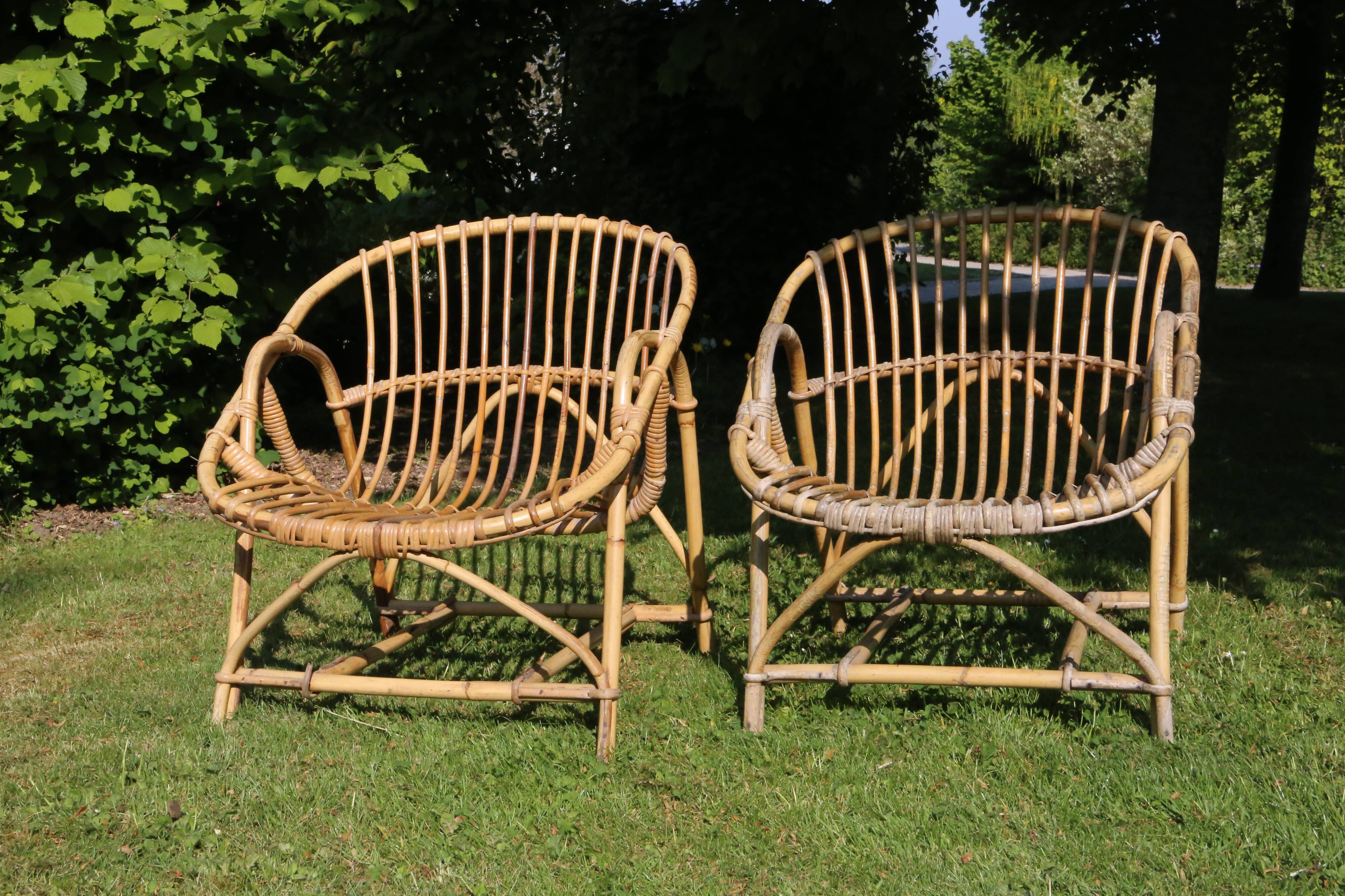 Pair of rattan basket armchairs, 60s