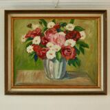 Peinture à l'huile sur panneau vintage européenne originale – « Décoration florale »