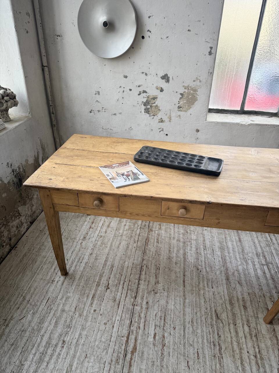 Pine and oak farmhouse table with multiple drawers, communal type, 240cm.
