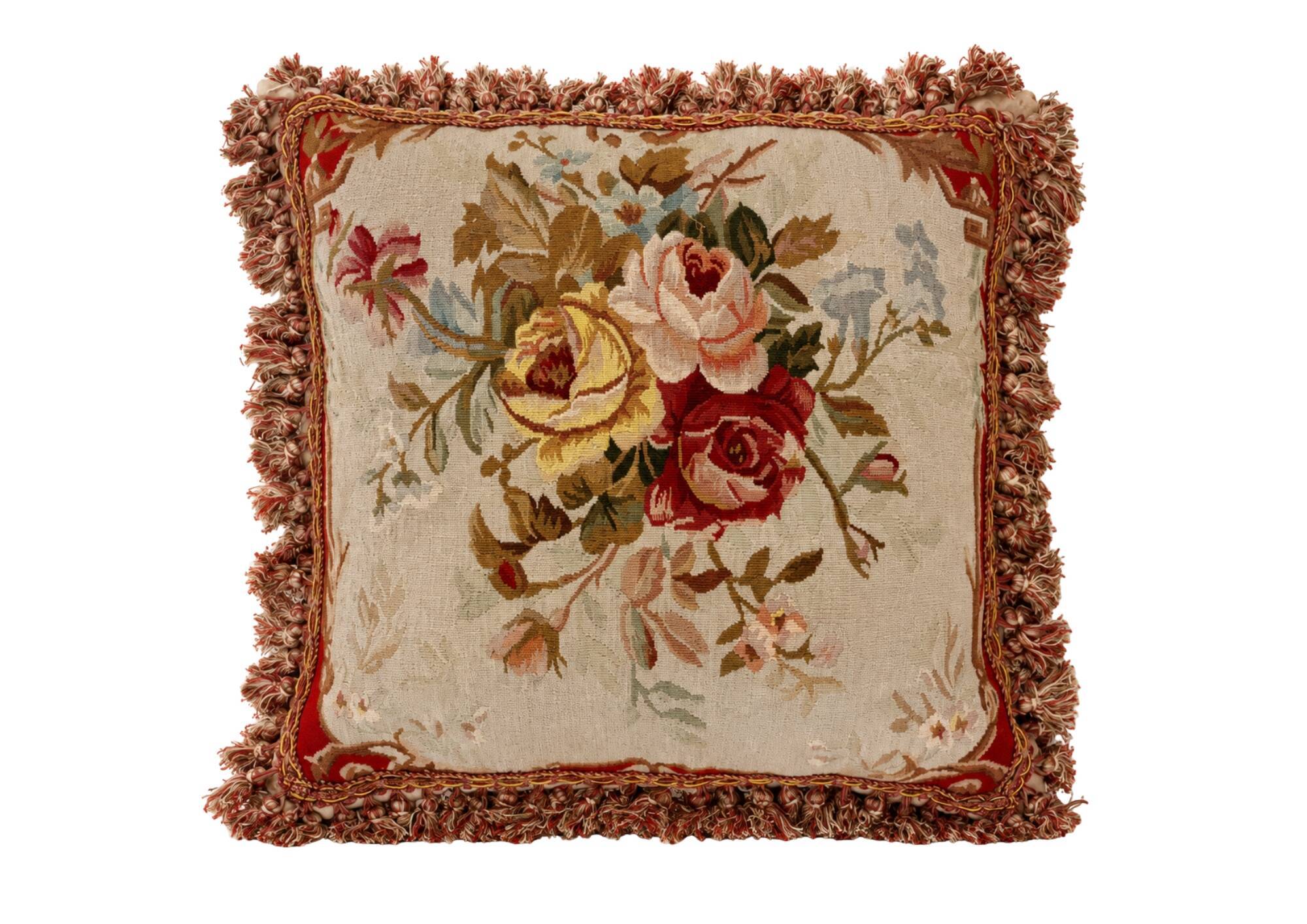 French Style Aubusson Floral Tapestry Cushion, Rose Bouquet & Tassel Fringe