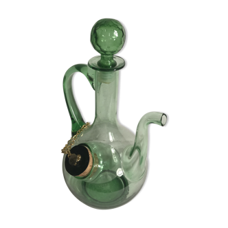 Ancien rafraîchissoir carafe verseuse en verre soufflé vert avec bouchon vintage