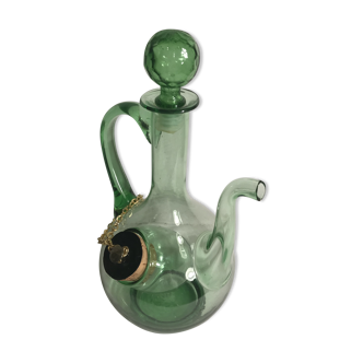 Old refreshing carafe pourer in green blown glass with vintage cap