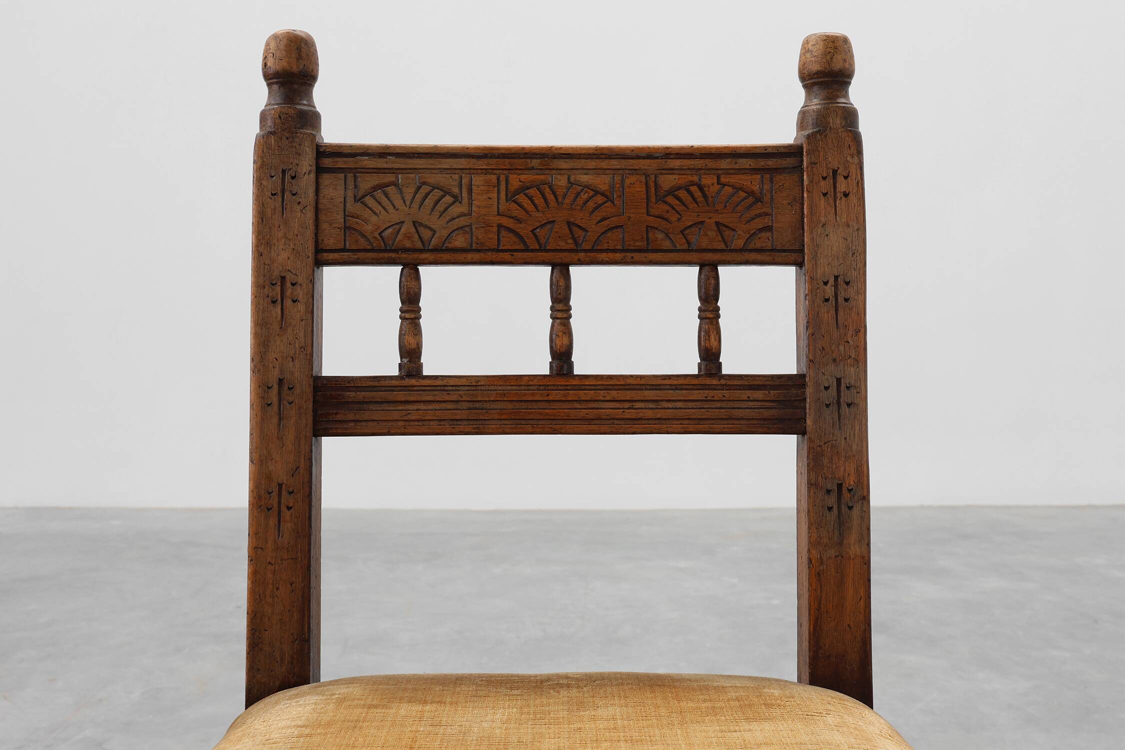 19th Century Spanish Hand-Carved oak Side Chair with Velour Seat
