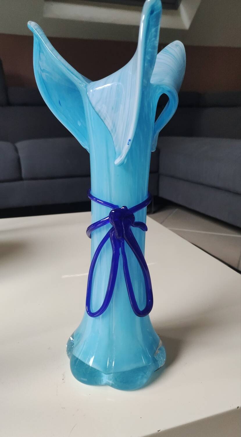 Large Murano Vase Floral Design, Opaline. Relief Ribbon Bow Decor