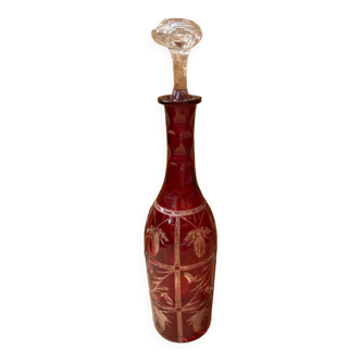 Ancienne bouteille cristal taillé rouge & transparent cuisine vintage