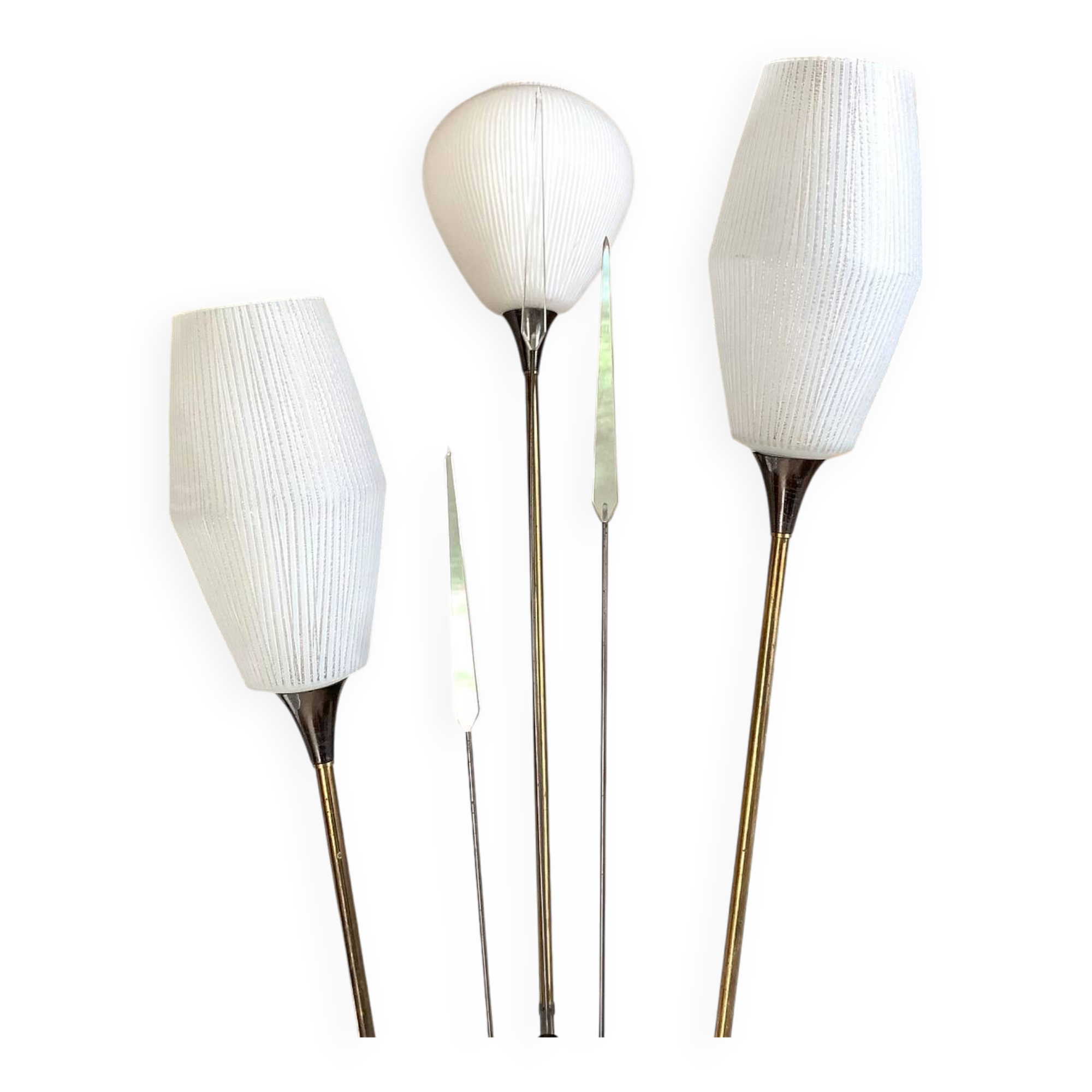 Vintage black metal and brass floor lamp with three white opal shades.