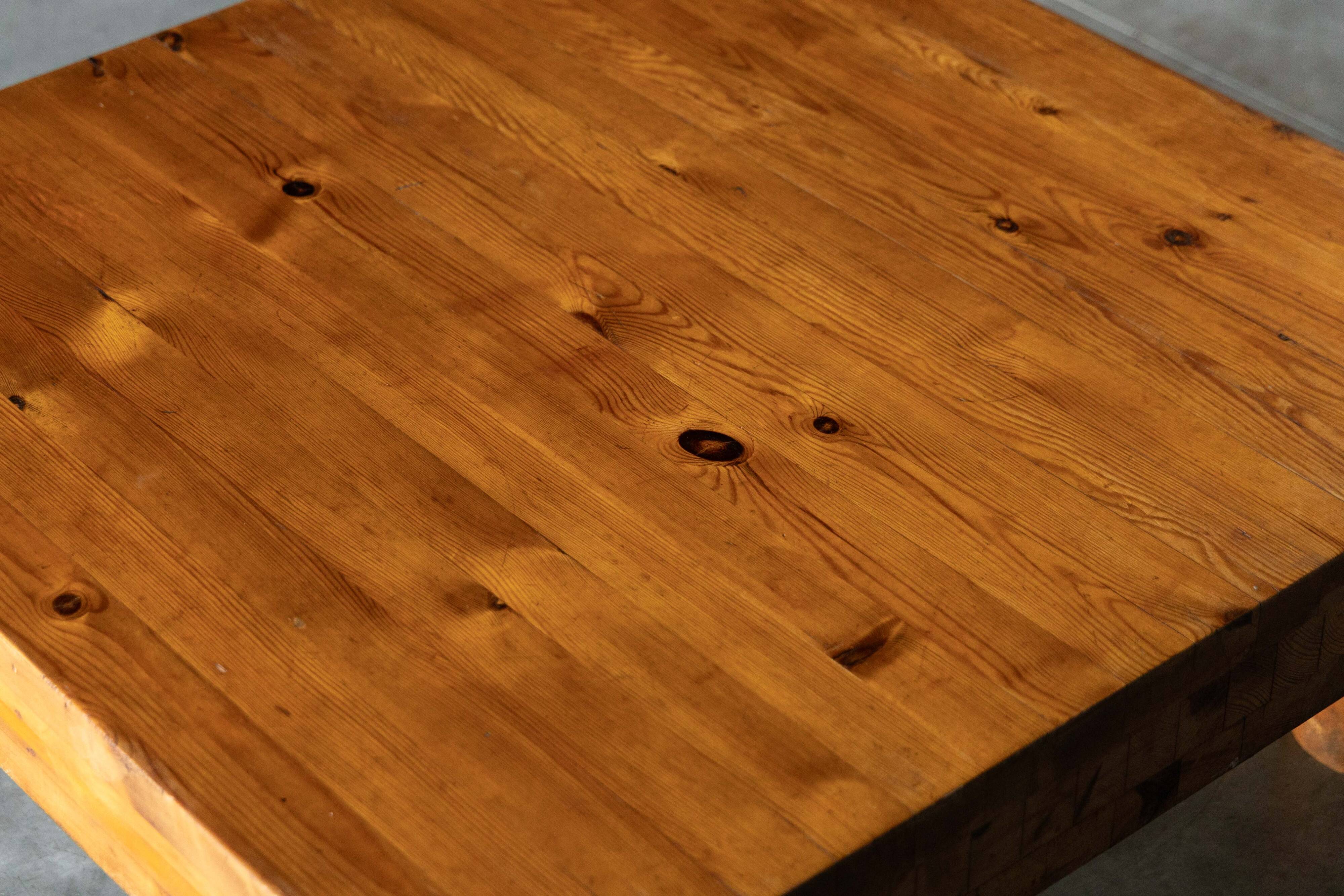 Brutalist pine low coffee table, France, 1960s