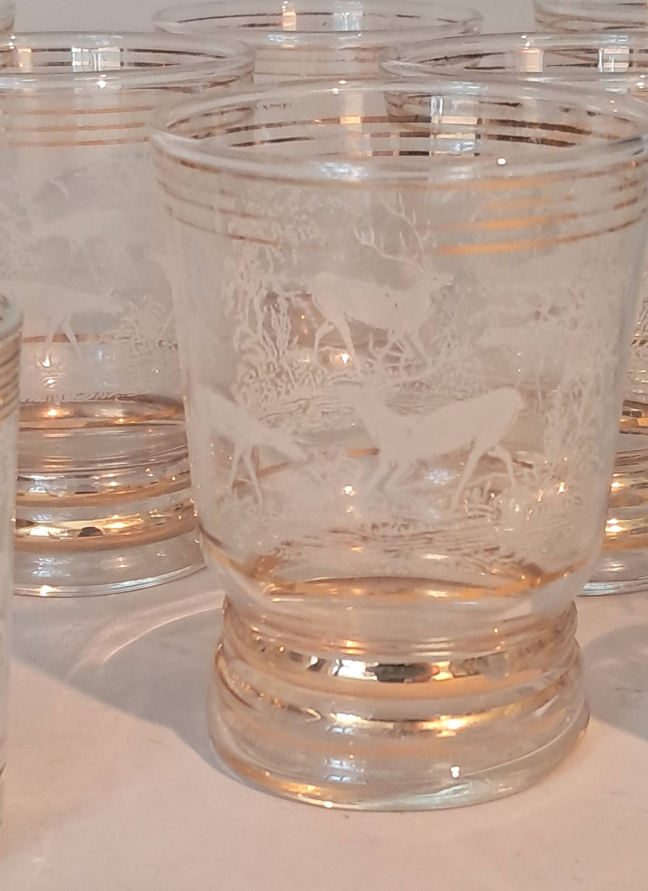 Service of 14 gold-plated and engraved glasses with a deer in the woods design from 1950