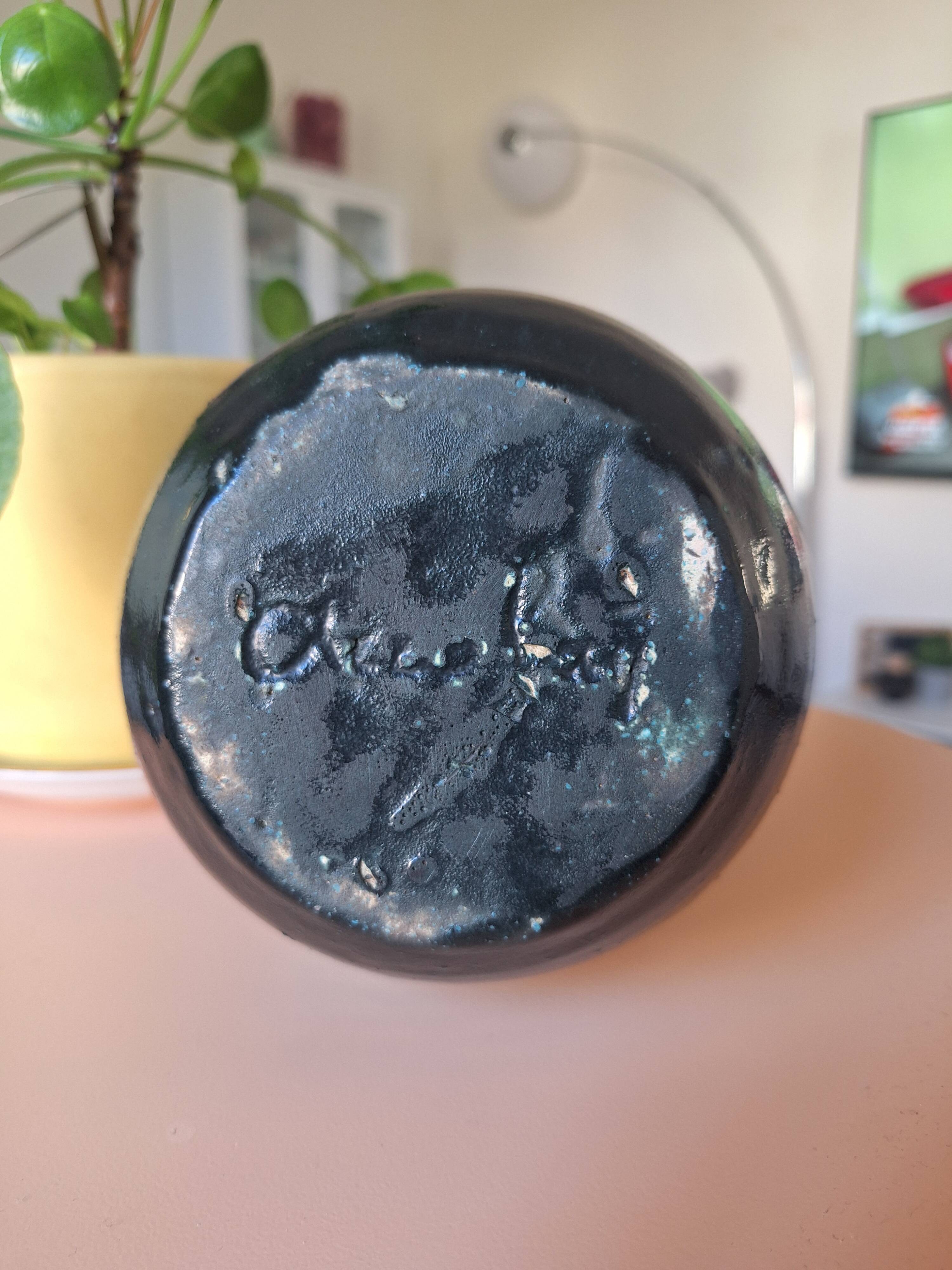 Vintage Accolay ceramic vase - speckled blue enamel - signed - 17 cm