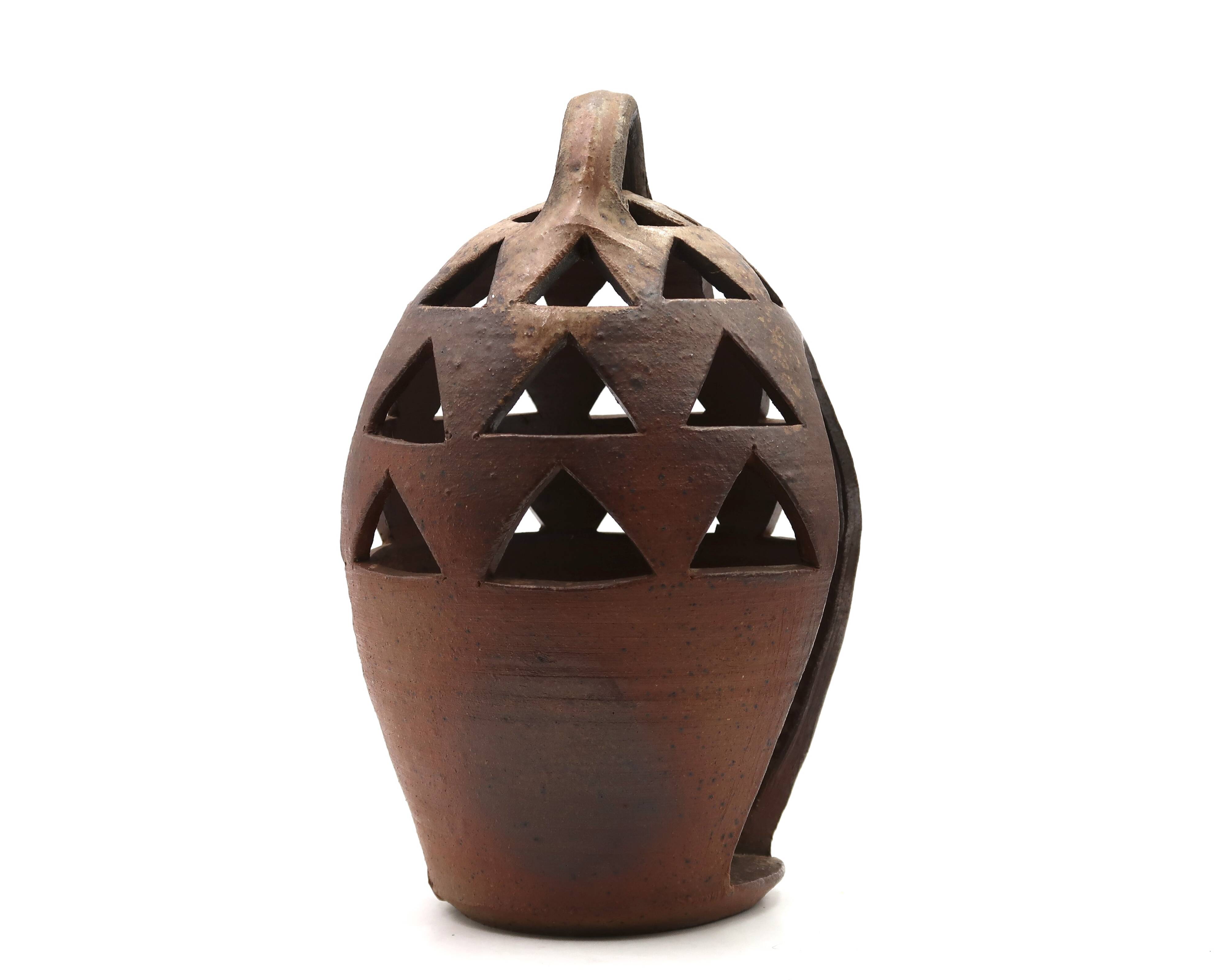 Impressive ceramic candlestick lantern, 1970s stoneware.