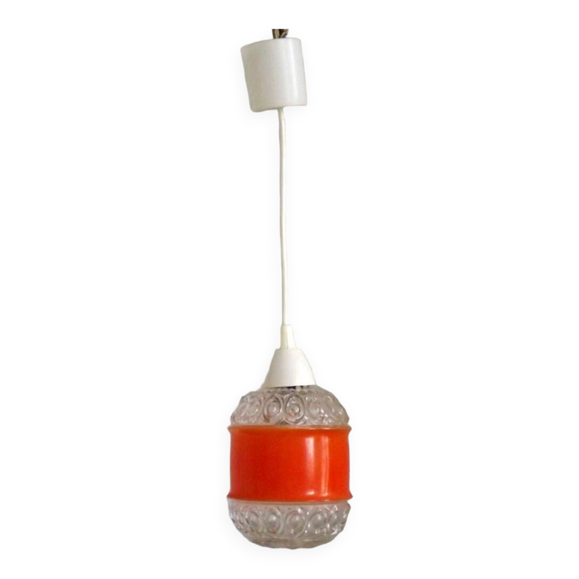 French vintage pendant light clear decorative glass shade with orange band 4449