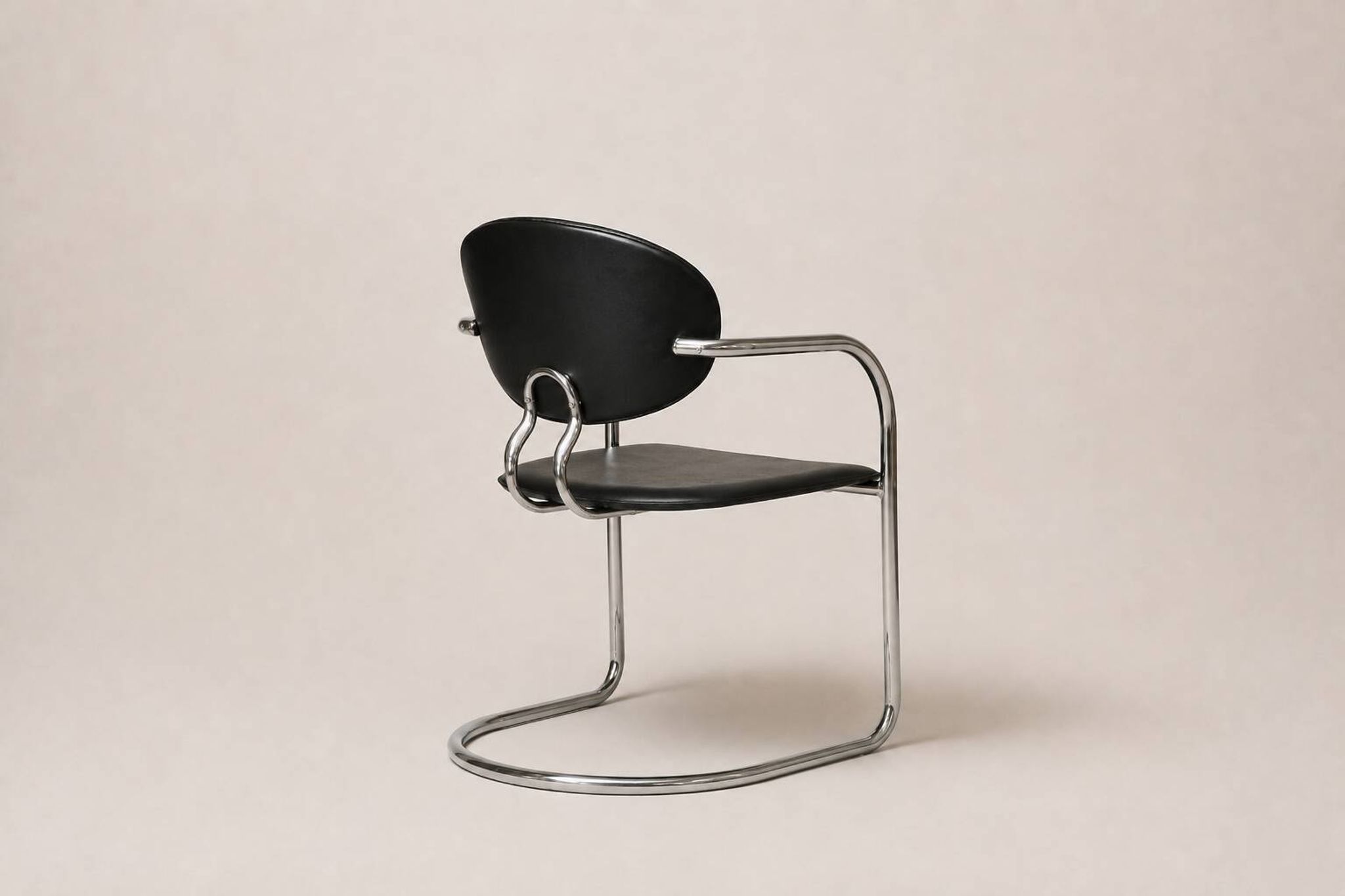 Set of eight cantilever chairs in black faux leather and chrome steel — c. 1980
