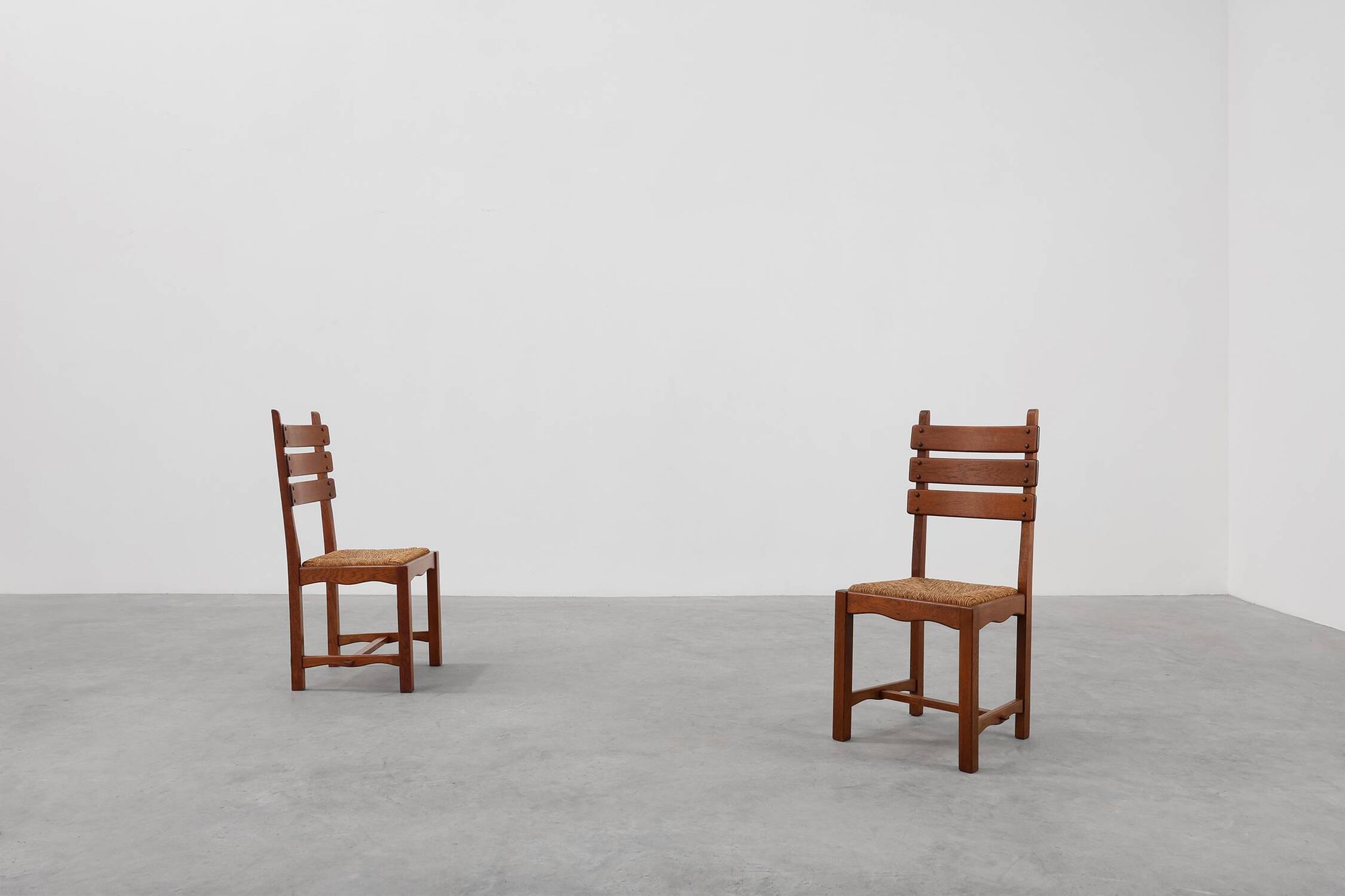 Two Mid-Century Modern Brutalist Oak and Wicker Chairs, 1960