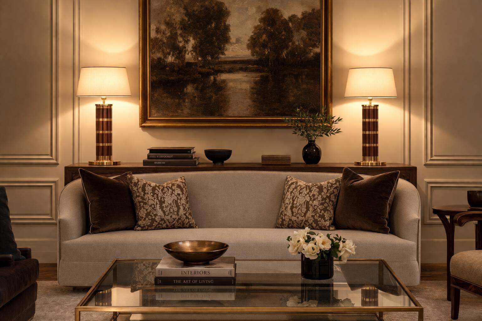 Pair of wooden and brass table lamps, French classic style.