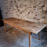 Antique French pine dining table, large farmhouse table on wheels, 19th century.