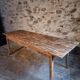 Antique French pine dining table, large farmhouse table on wheels, 19th century.
