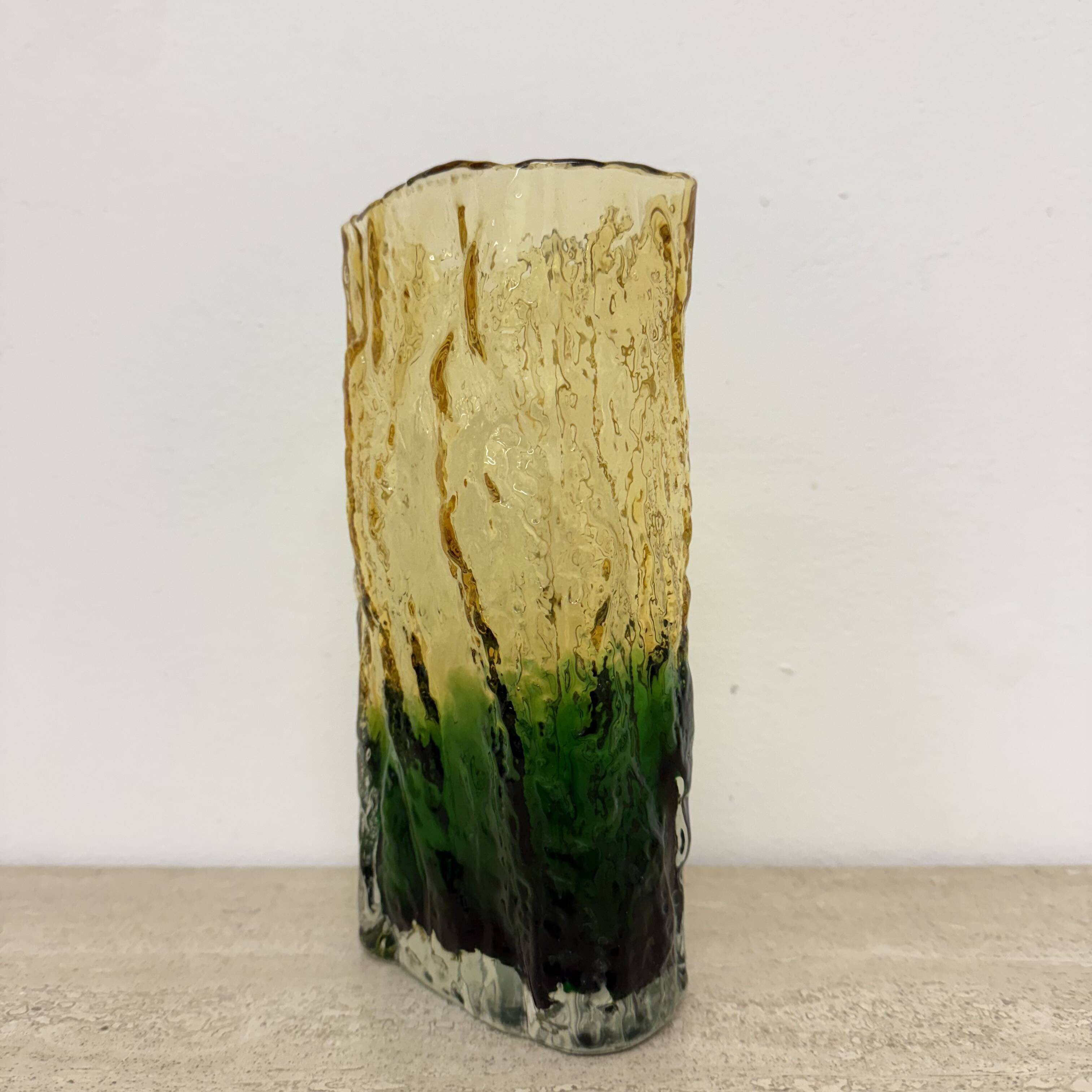 Vintage bark glass vase yellow and green , 1970’s