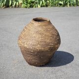 Large old basket, burgundy straw and bramble, woven basket