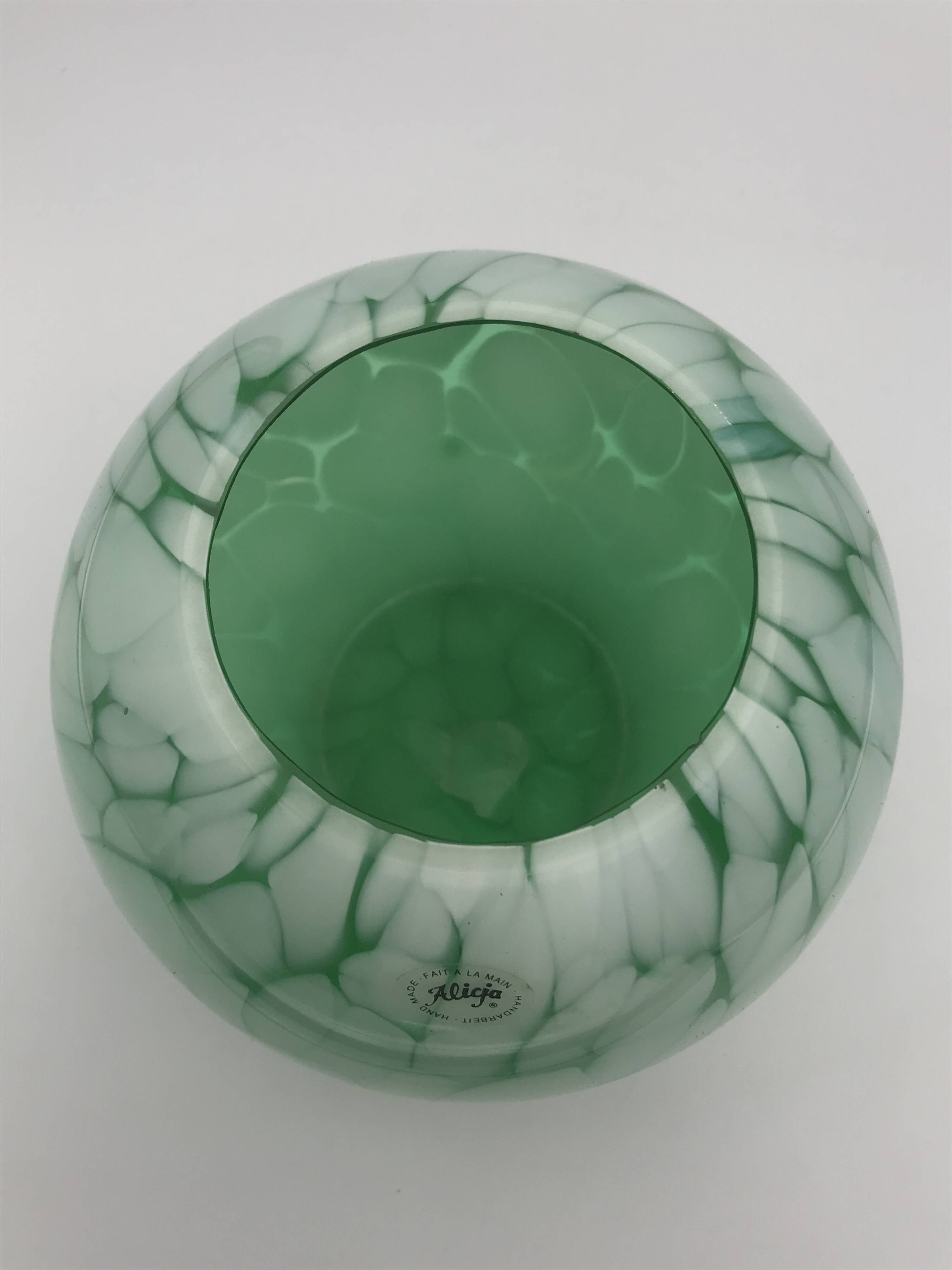 Vintage glass vase ball shape handmade alicja green and white